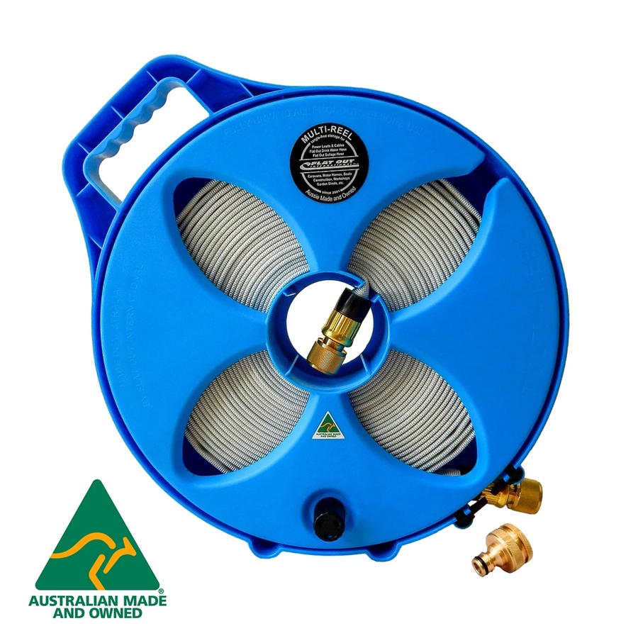 Flat Out 15m Drinking Water Hose on Electric Blue Reel with new