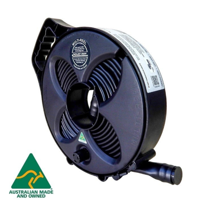 6m 25mm Flat Out Sullage Hose on Black Compact Reel